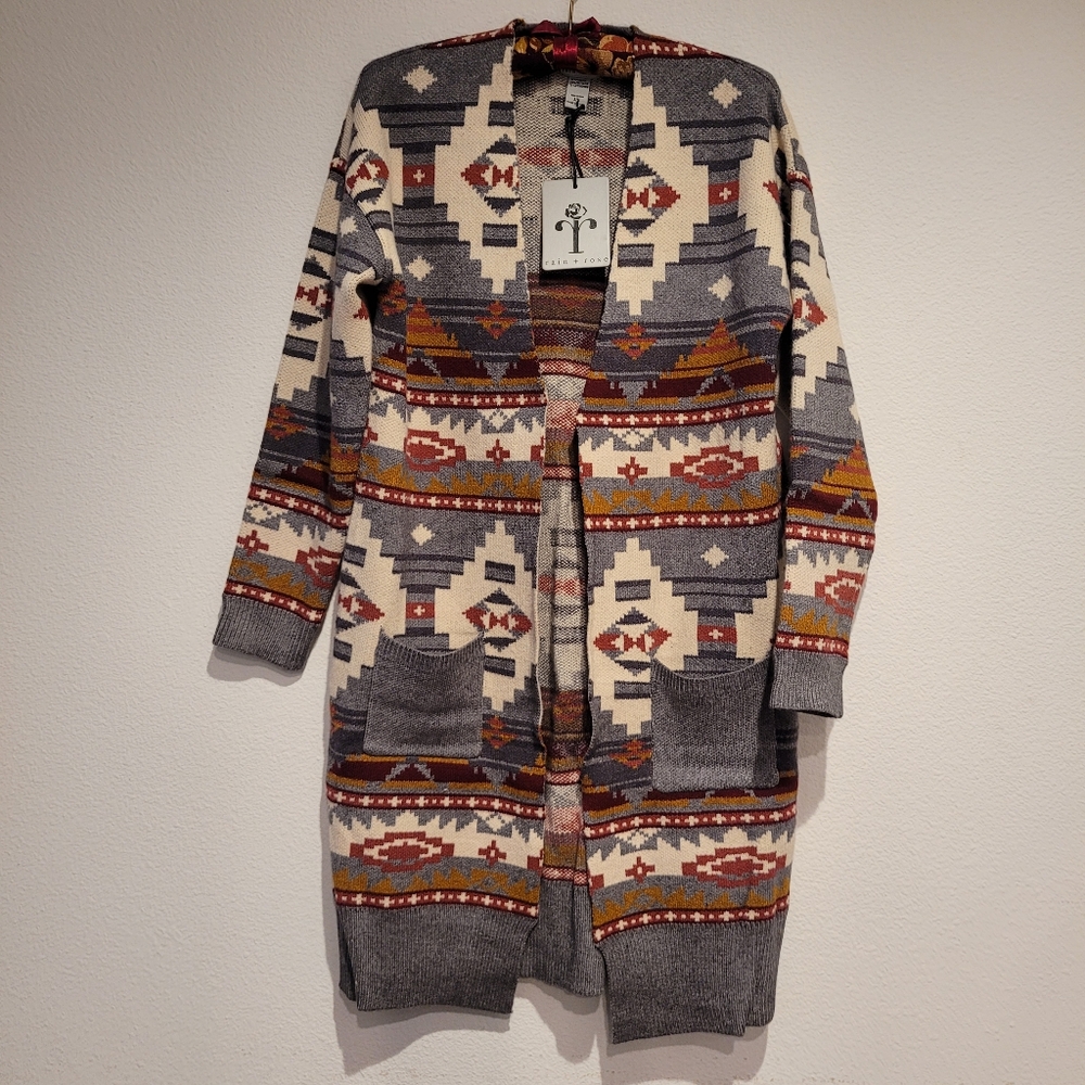 rain + rose Aztec Patterned Long Cardigan New